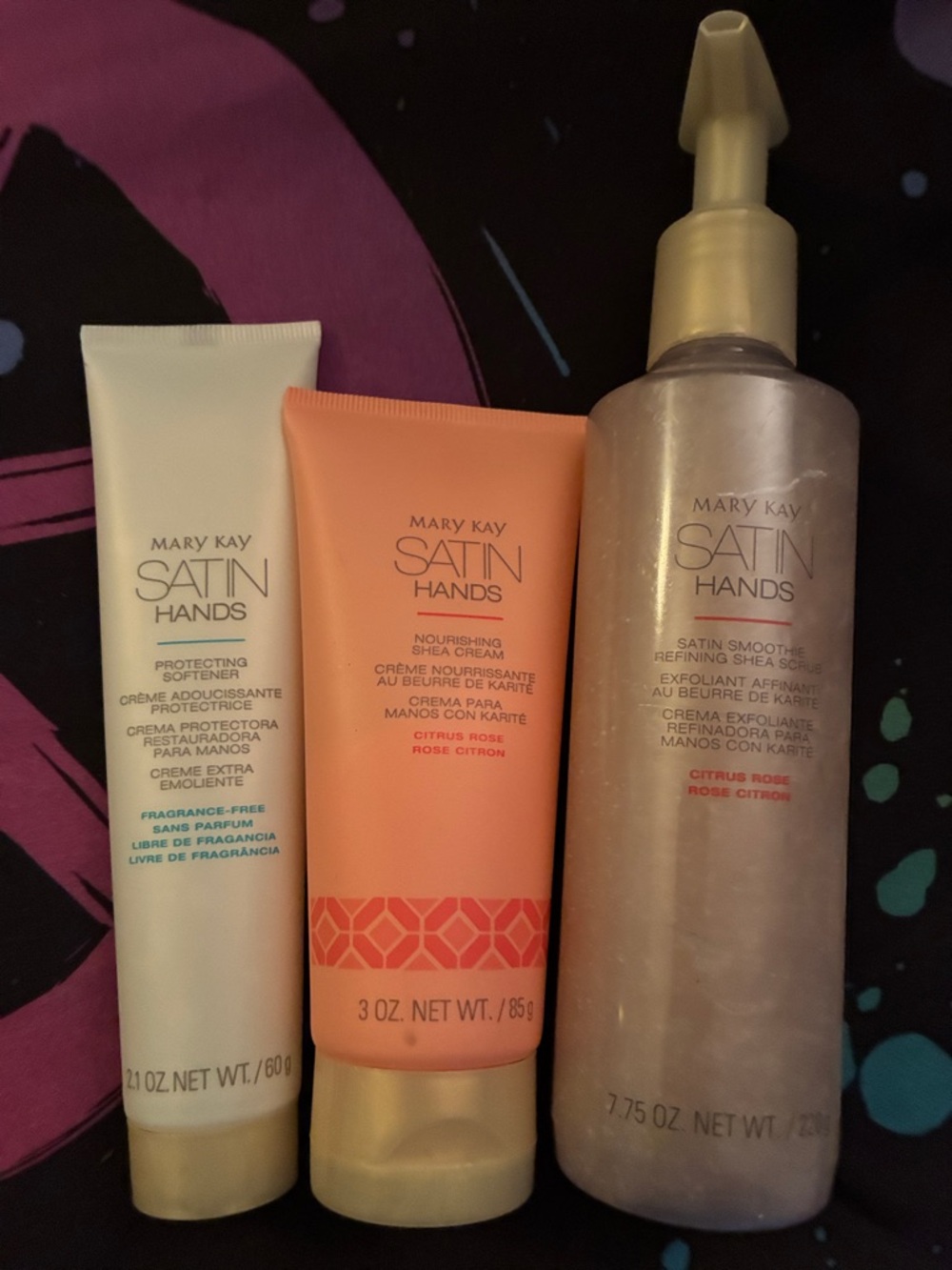Mary Kay Satin Hands Trio in Peach, Off-White, and Shimmery Pink